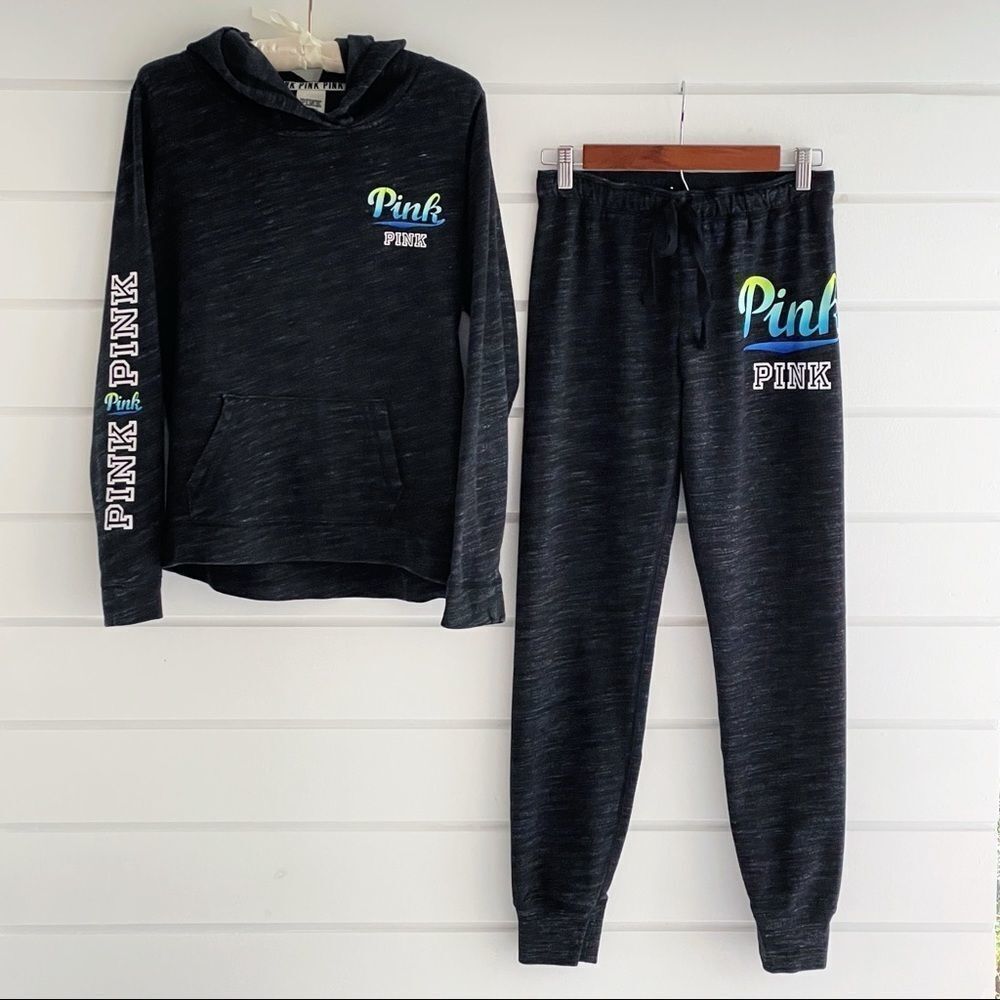 VS PINK RARE High Low Marl Grey Ombré Script Logo Hoodie & Joggers Matching Set
